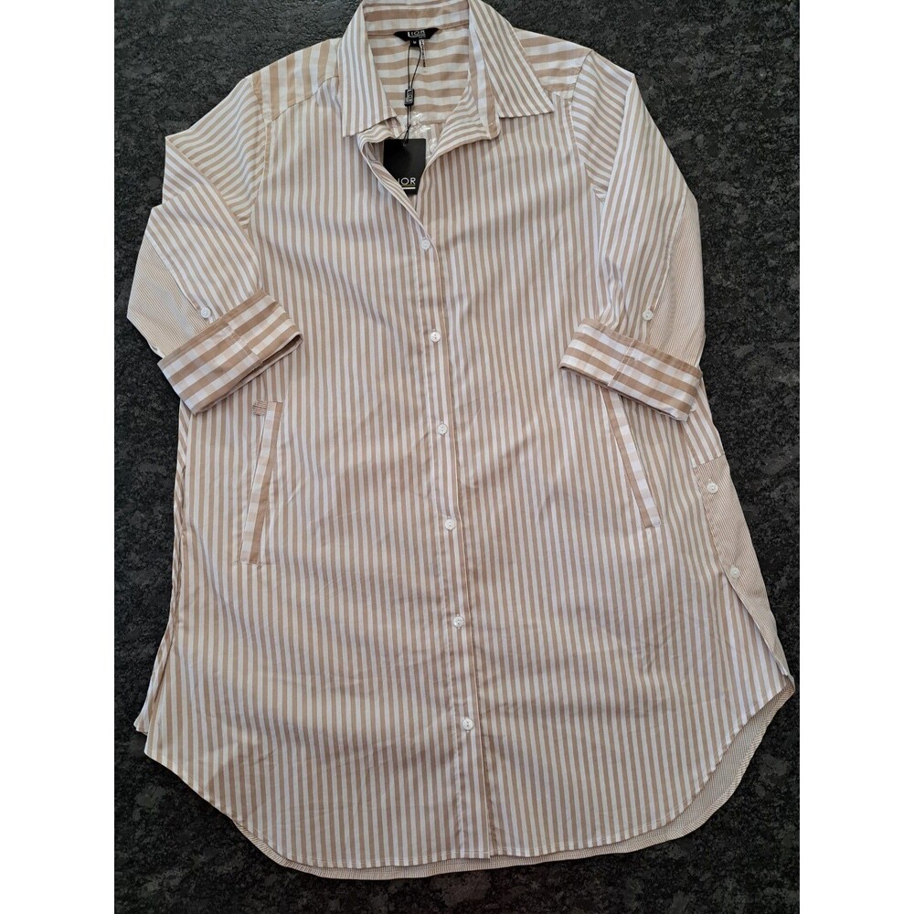 LIOR Paris Beige White Shirt Dress NWT Size Medium Adjustable Sides Debra Style